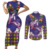 Hawaiian Lei Turtle and Plumeria Couples Matching Short Sleeve Bodycon Dress and Long Sleeve Button Shirt Polynerian Art Tattoo-Navy Color LT03 Navy - Polynesian Pride