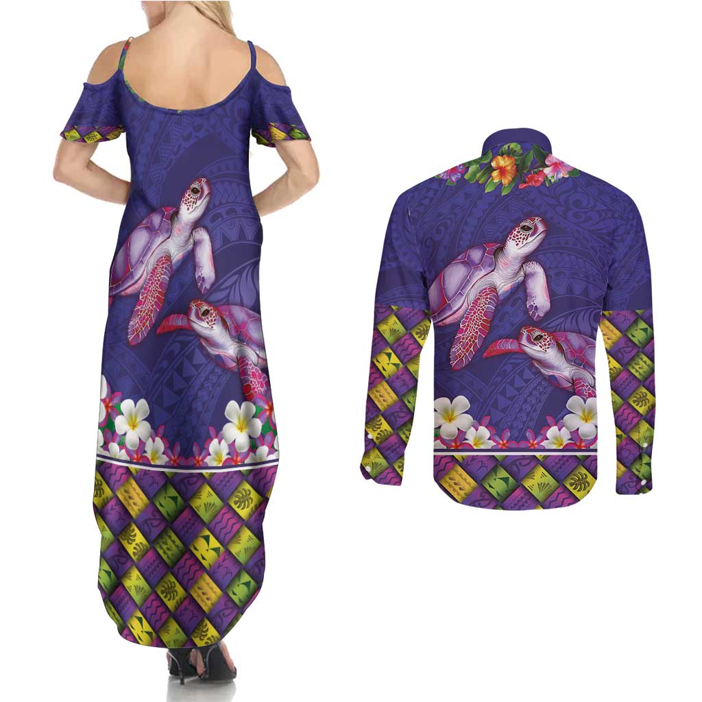 Hawaiian Lei Turtle and Plumeria Couples Matching Summer Maxi Dress and Long Sleeve Button Shirt Polynerian Art Tattoo-Navy Color
