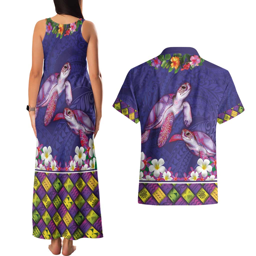 Hawaiian Lei Turtle and Plumeria Couples Matching Tank Maxi Dress and Hawaiian Shirt Polynerian Art Tattoo-Navy Color LT03 - Polynesian Pride