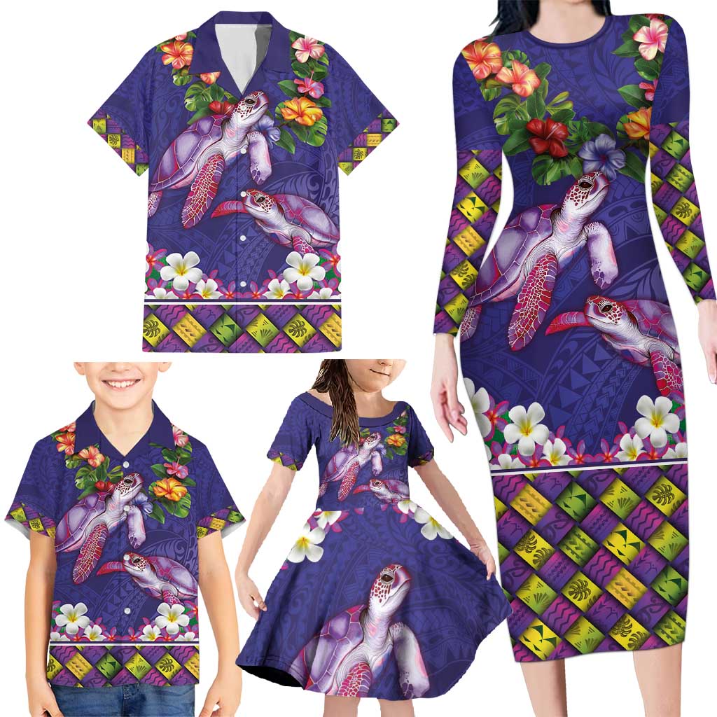 Hawaiian Lei Turtle and Plumeria Family Matching Long Sleeve Bodycon Dress and Hawaiian Shirt Polynerian Art Tattoo-Navy Color LT03 - Polynesian Pride