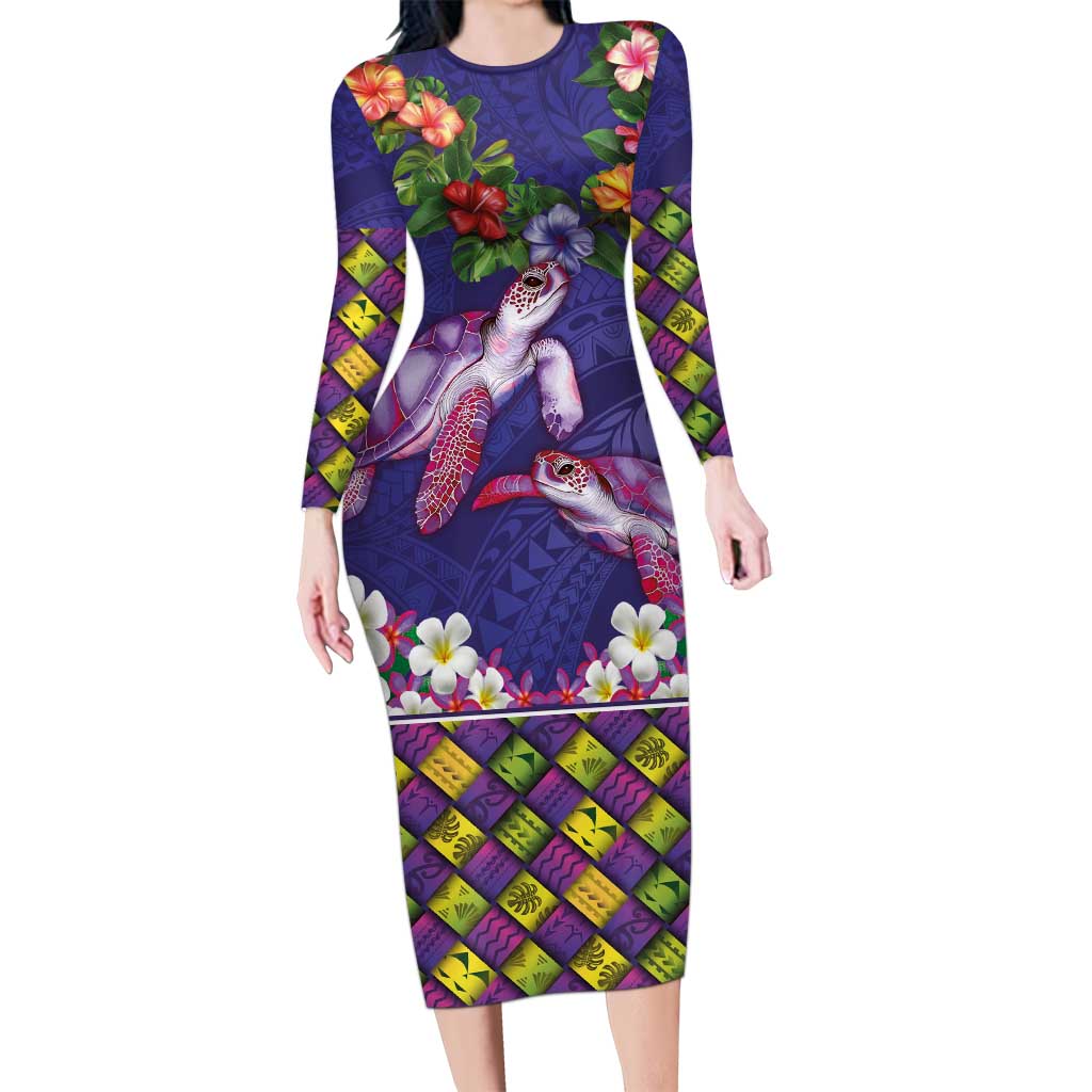 Hawaiian Lei Turtle and Plumeria Family Matching Long Sleeve Bodycon Dress and Hawaiian Shirt Polynerian Art Tattoo-Navy Color LT03 Mom's Dress Navy - Polynesian Pride