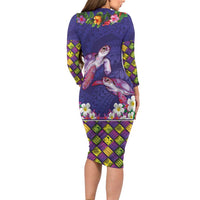 Hawaiian Lei Turtle and Plumeria Family Matching Long Sleeve Bodycon Dress and Hawaiian Shirt Polynerian Art Tattoo-Navy Color LT03 - Polynesian Pride