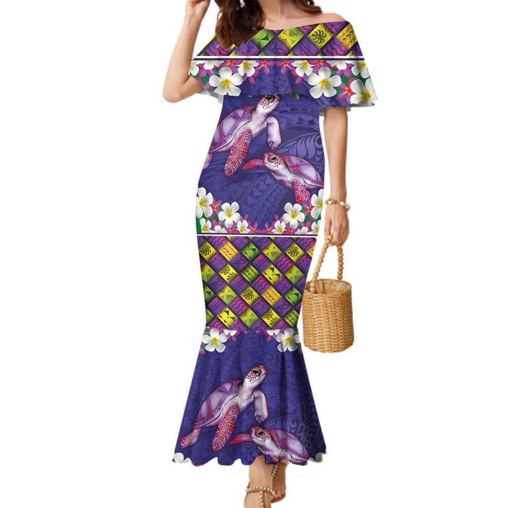 Hawaiian Lei Turtle and Plumeria Family Matching Mermaid Dress and Hawaiian Shirt Polynerian Art Tattoo-Navy Color LT03 Mom's Dress Navy - Polynesian Pride