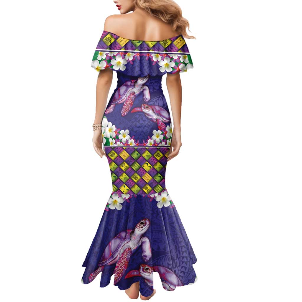 Hawaiian Lei Turtle and Plumeria Family Matching Mermaid Dress and Hawaiian Shirt Polynerian Art Tattoo-Navy Color LT03 - Polynesian Pride