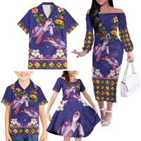 Hawaiian Lei Turtle and Plumeria Family Matching Off The Shoulder Long Sleeve Dress and Hawaiian Shirt Polynerian Art Tattoo-Navy Color LT03 - Polynesian Pride