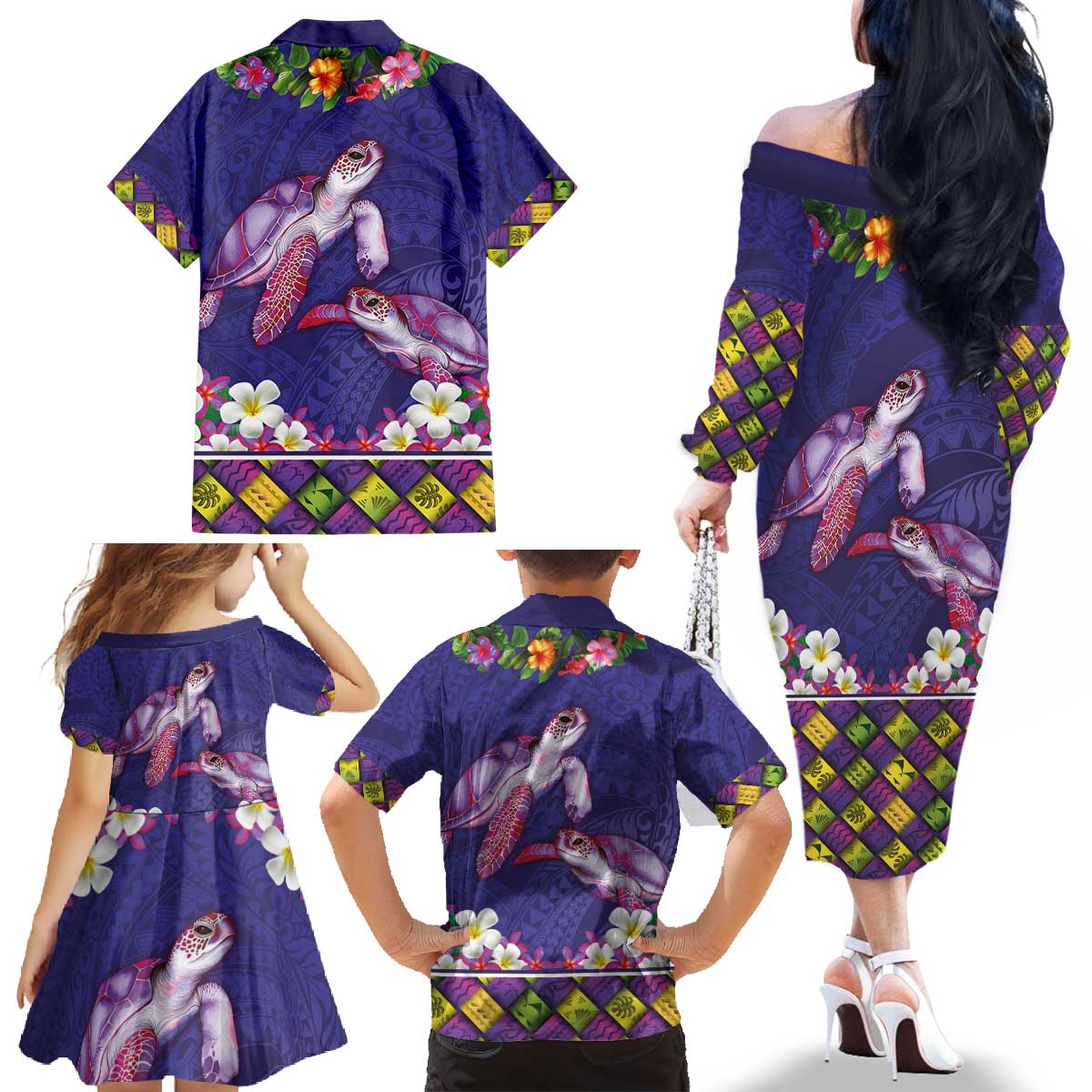 Hawaiian Lei Turtle and Plumeria Family Matching Off The Shoulder Long Sleeve Dress and Hawaiian Shirt Polynerian Art Tattoo-Navy Color LT03 - Polynesian Pride