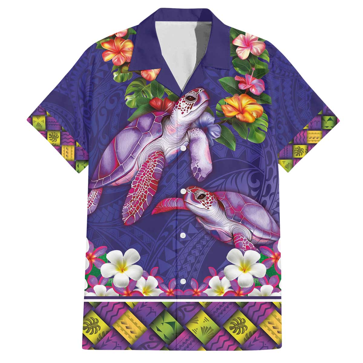 Hawaiian Lei Turtle and Plumeria Family Matching Off The Shoulder Long Sleeve Dress and Hawaiian Shirt Polynerian Art Tattoo-Navy Color LT03 Dad's Shirt - Short Sleeve Navy - Polynesian Pride