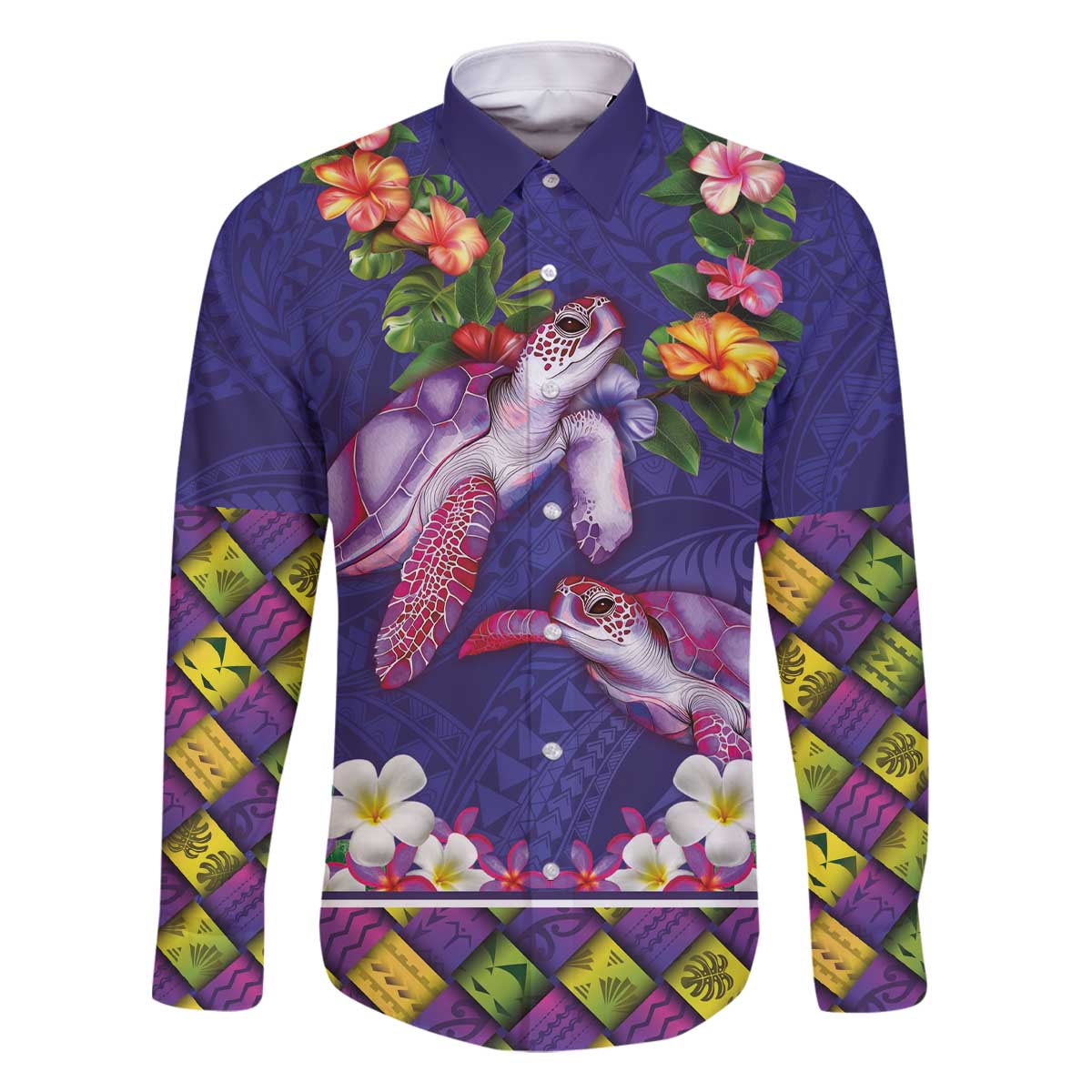 Hawaiian Lei Turtle and Plumeria Family Matching Off The Shoulder Long Sleeve Dress and Hawaiian Shirt Polynerian Art Tattoo-Navy Color LT03 Dad's Shirt - Long Sleeve Navy - Polynesian Pride