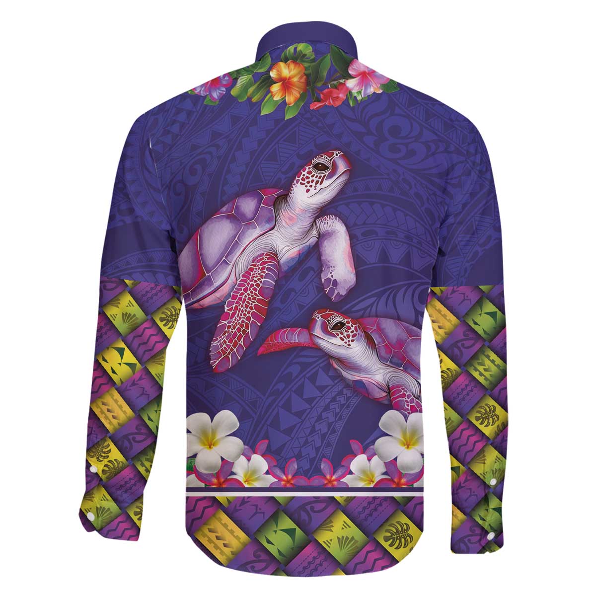 Hawaiian Lei Turtle and Plumeria Family Matching Off The Shoulder Long Sleeve Dress and Hawaiian Shirt Polynerian Art Tattoo-Navy Color LT03 - Polynesian Pride