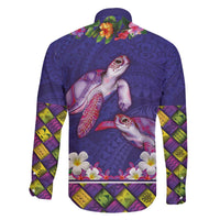 Hawaiian Lei Turtle and Plumeria Family Matching Off The Shoulder Long Sleeve Dress and Hawaiian Shirt Polynerian Art Tattoo-Navy Color LT03 - Polynesian Pride