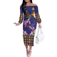 Hawaiian Lei Turtle and Plumeria Family Matching Off The Shoulder Long Sleeve Dress and Hawaiian Shirt Polynerian Art Tattoo-Navy Color LT03 Mom's Dress Navy - Polynesian Pride