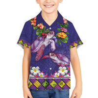 Hawaiian Lei Turtle and Plumeria Family Matching Off The Shoulder Long Sleeve Dress and Hawaiian Shirt Polynerian Art Tattoo-Navy Color LT03 Son's Shirt Navy - Polynesian Pride