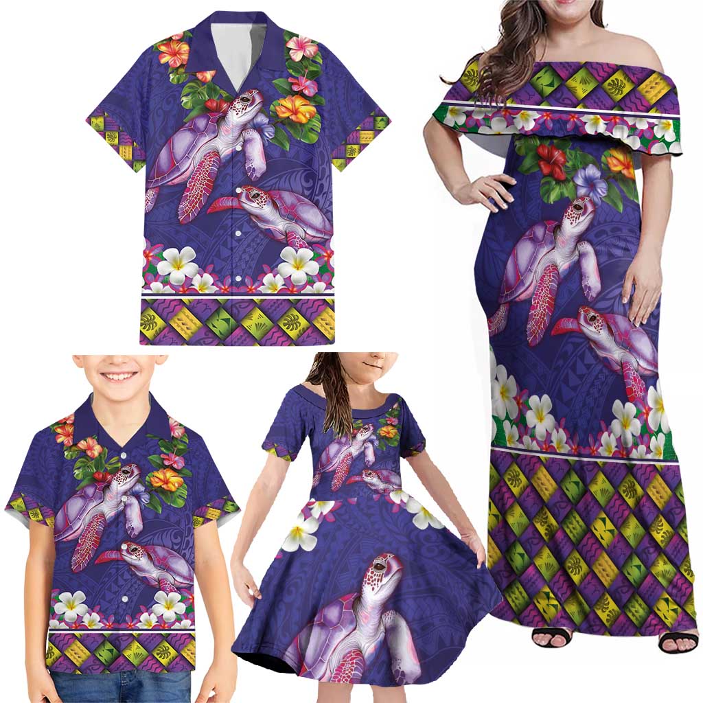 Hawaiian Lei Turtle and Plumeria Family Matching Off Shoulder Maxi Dress and Hawaiian Shirt Polynerian Art Tattoo-Navy Color LT03 - Polynesian Pride