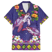 Hawaiian Lei Turtle and Plumeria Family Matching Off Shoulder Maxi Dress and Hawaiian Shirt Polynerian Art Tattoo-Navy Color LT03 Dad's Shirt - Short Sleeve Navy - Polynesian Pride