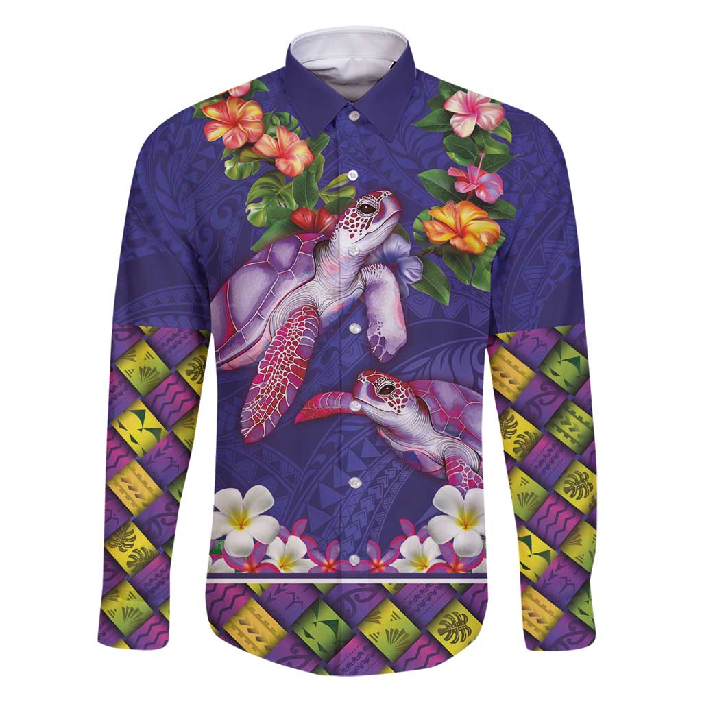 Hawaiian Lei Turtle and Plumeria Family Matching Off Shoulder Maxi Dress and Hawaiian Shirt Polynerian Art Tattoo-Navy Color LT03 Dad's Shirt - Long Sleeve Navy - Polynesian Pride