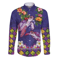 Hawaiian Lei Turtle and Plumeria Family Matching Off Shoulder Maxi Dress and Hawaiian Shirt Polynerian Art Tattoo-Navy Color LT03 Dad's Shirt - Long Sleeve Navy - Polynesian Pride