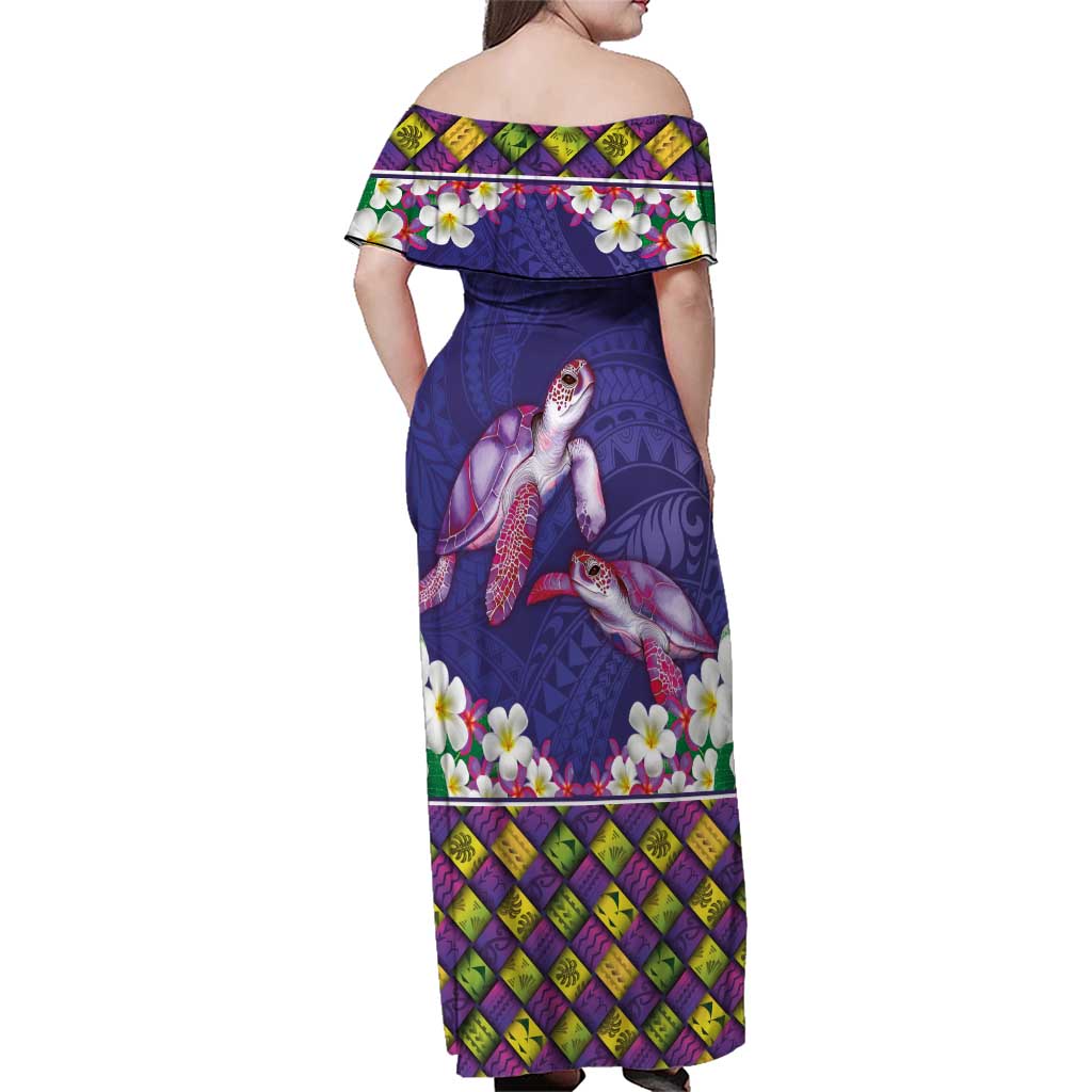 Hawaiian Lei Turtle and Plumeria Family Matching Off Shoulder Maxi Dress and Hawaiian Shirt Polynerian Art Tattoo-Navy Color LT03 - Polynesian Pride