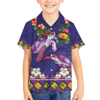 Hawaiian Lei Turtle and Plumeria Family Matching Off Shoulder Maxi Dress and Hawaiian Shirt Polynerian Art Tattoo-Navy Color LT03 Son's Shirt Navy - Polynesian Pride