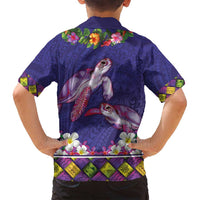 Hawaiian Lei Turtle and Plumeria Family Matching Off Shoulder Short Dress and Hawaiian Shirt Polynerian Art Tattoo-Navy Color LT03 - Polynesian Pride