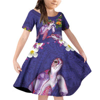 Hawaiian Lei Turtle and Plumeria Family Matching Off Shoulder Short Dress and Hawaiian Shirt Polynerian Art Tattoo-Navy Color LT03 Daughter's Dress Navy - Polynesian Pride