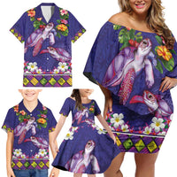 Hawaiian Lei Turtle and Plumeria Family Matching Off Shoulder Short Dress and Hawaiian Shirt Polynerian Art Tattoo-Navy Color LT03 - Polynesian Pride