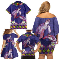 Hawaiian Lei Turtle and Plumeria Family Matching Off Shoulder Short Dress and Hawaiian Shirt Polynerian Art Tattoo-Navy Color LT03 - Polynesian Pride