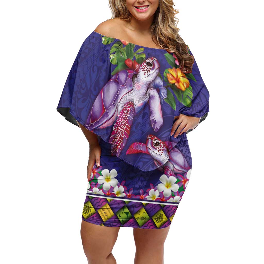 Hawaiian Lei Turtle and Plumeria Family Matching Off Shoulder Short Dress and Hawaiian Shirt Polynerian Art Tattoo-Navy Color LT03 Mom's Dress Navy - Polynesian Pride