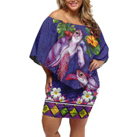 Hawaiian Lei Turtle and Plumeria Family Matching Off Shoulder Short Dress and Hawaiian Shirt Polynerian Art Tattoo-Navy Color LT03 Mom's Dress Navy - Polynesian Pride