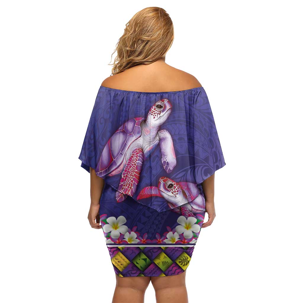 Hawaiian Lei Turtle and Plumeria Family Matching Off Shoulder Short Dress and Hawaiian Shirt Polynerian Art Tattoo-Navy Color LT03 - Polynesian Pride