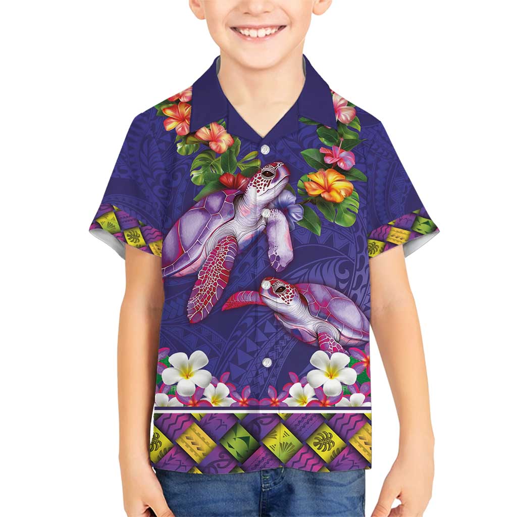 Hawaiian Lei Turtle and Plumeria Family Matching Off Shoulder Short Dress and Hawaiian Shirt Polynerian Art Tattoo-Navy Color LT03 Son's Shirt Navy - Polynesian Pride