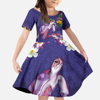 Hawaiian Lei Turtle and Plumeria Family Matching Puletasi and Hawaiian Shirt Polynerian Art Tattoo-Navy Color LT03 Daughter's Dress Navy - Polynesian Pride