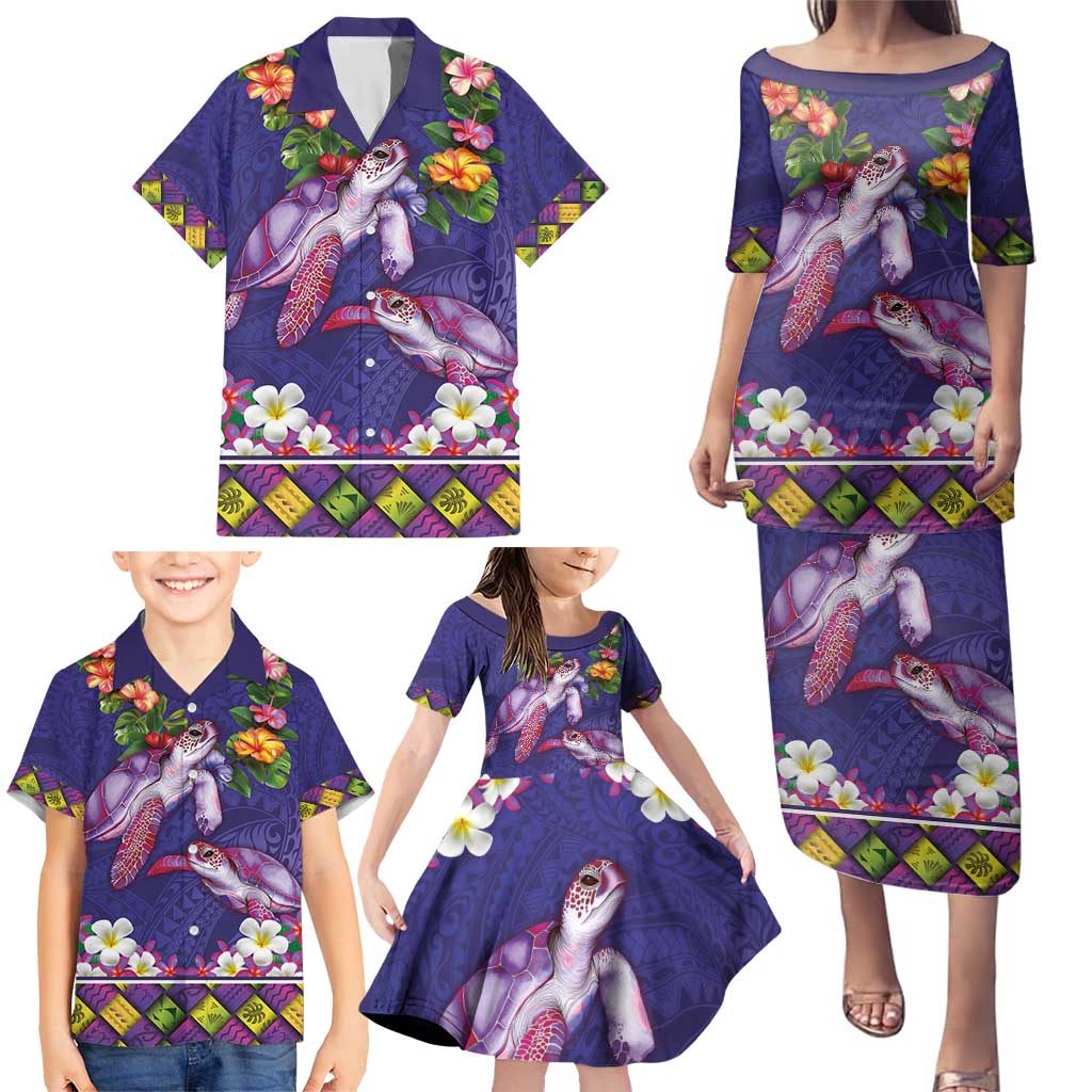 Hawaiian Lei Turtle and Plumeria Family Matching Puletasi and Hawaiian Shirt Polynerian Art Tattoo-Navy Color