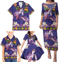 Hawaiian Lei Turtle and Plumeria Family Matching Puletasi and Hawaiian Shirt Polynerian Art Tattoo-Navy Color LT03 - Polynesian Pride