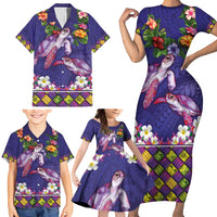Hawaiian Lei Turtle and Plumeria Family Matching Short Sleeve Bodycon Dress and Hawaiian Shirt Polynerian Art Tattoo-Navy Color LT03 - Polynesian Pride