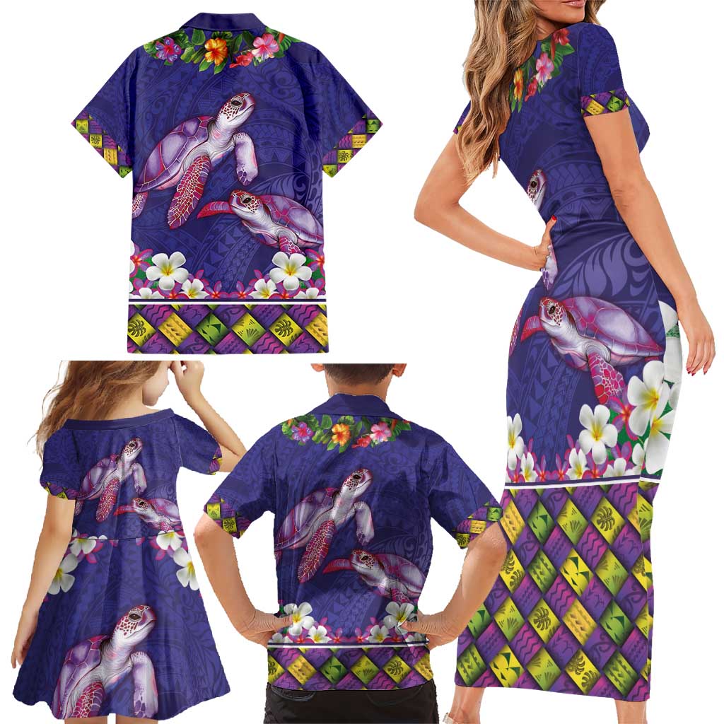 Hawaiian Lei Turtle and Plumeria Family Matching Short Sleeve Bodycon Dress and Hawaiian Shirt Polynerian Art Tattoo-Navy Color LT03 - Polynesian Pride