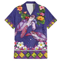 Hawaiian Lei Turtle and Plumeria Family Matching Short Sleeve Bodycon Dress and Hawaiian Shirt Polynerian Art Tattoo-Navy Color LT03 Dad's Shirt - Short Sleeve Navy - Polynesian Pride