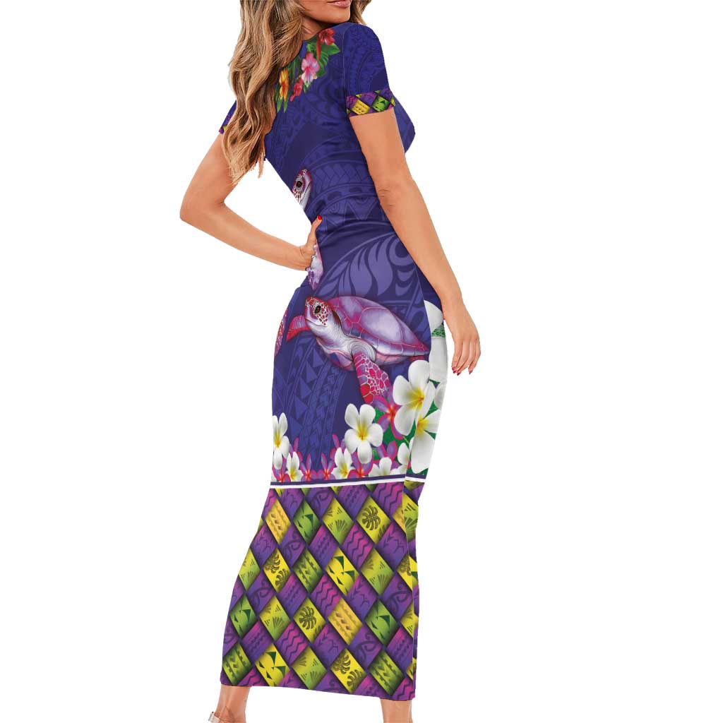 Hawaiian Lei Turtle and Plumeria Family Matching Short Sleeve Bodycon Dress and Hawaiian Shirt Polynerian Art Tattoo-Navy Color LT03 - Polynesian Pride