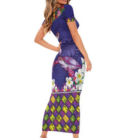 Hawaiian Lei Turtle and Plumeria Family Matching Short Sleeve Bodycon Dress and Hawaiian Shirt Polynerian Art Tattoo-Navy Color LT03 - Polynesian Pride
