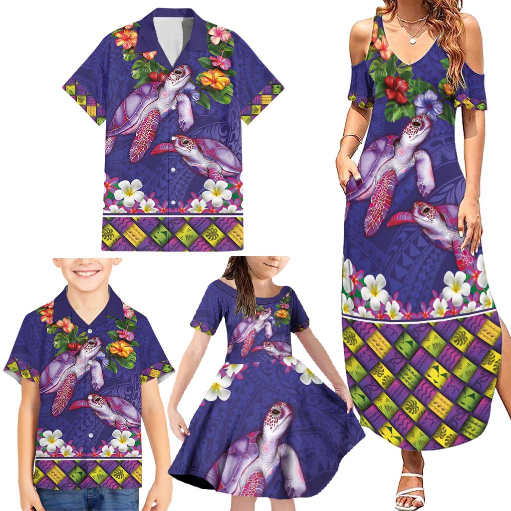 Hawaiian Lei Turtle and Plumeria Family Matching Summer Maxi Dress and Hawaiian Shirt Polynerian Art Tattoo-Navy Color LT03 - Polynesian Pride