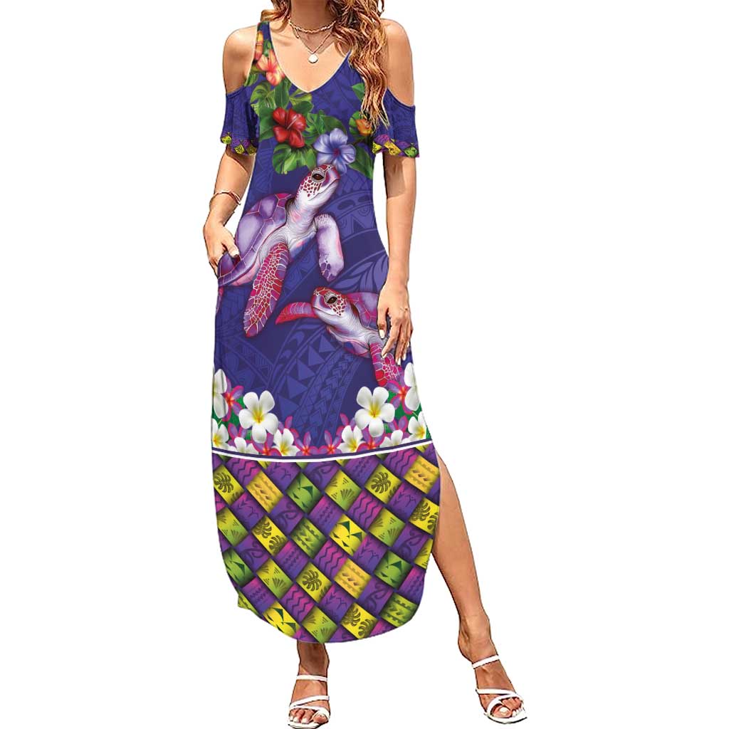 Hawaiian Lei Turtle and Plumeria Family Matching Summer Maxi Dress and Hawaiian Shirt Polynerian Art Tattoo-Navy Color LT03 Mom's Dress Navy - Polynesian Pride