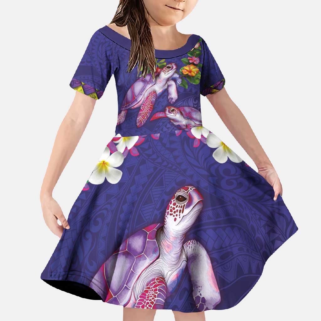 Hawaiian Lei Turtle and Plumeria Family Matching Tank Maxi Dress and Hawaiian Shirt Polynerian Art Tattoo-Navy Color LT03 Daughter's Dress Navy - Polynesian Pride