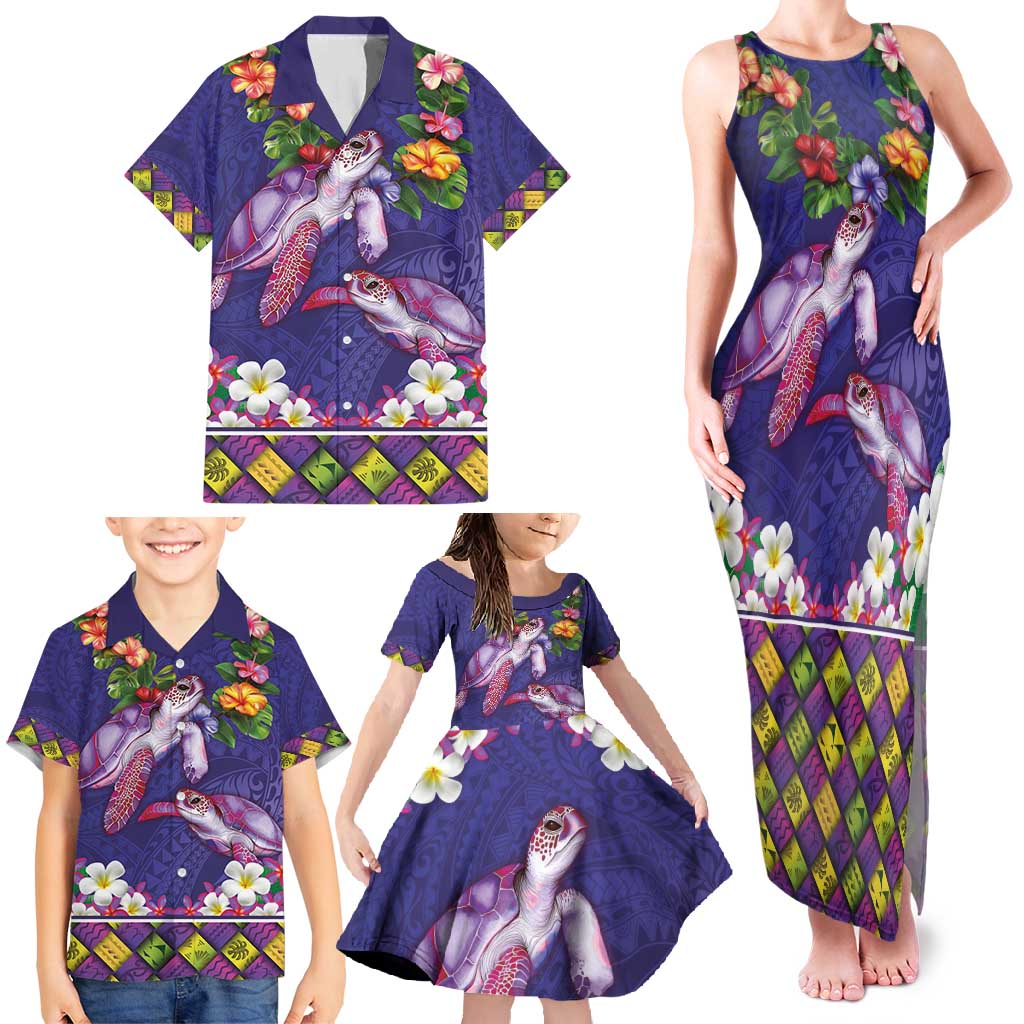 Hawaiian Lei Turtle and Plumeria Family Matching Tank Maxi Dress and Hawaiian Shirt Polynerian Art Tattoo-Navy Color LT03 - Polynesian Pride