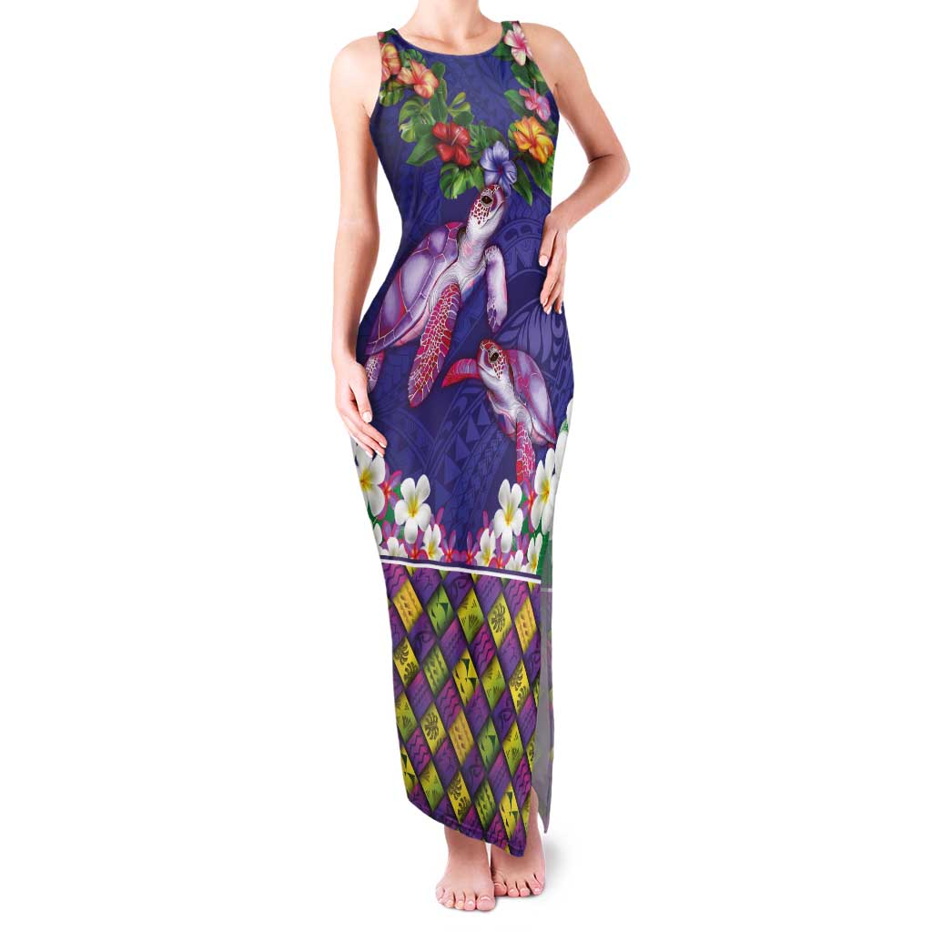 Hawaiian Lei Turtle and Plumeria Family Matching Tank Maxi Dress and Hawaiian Shirt Polynerian Art Tattoo-Navy Color LT03 Mom's Dress Navy - Polynesian Pride