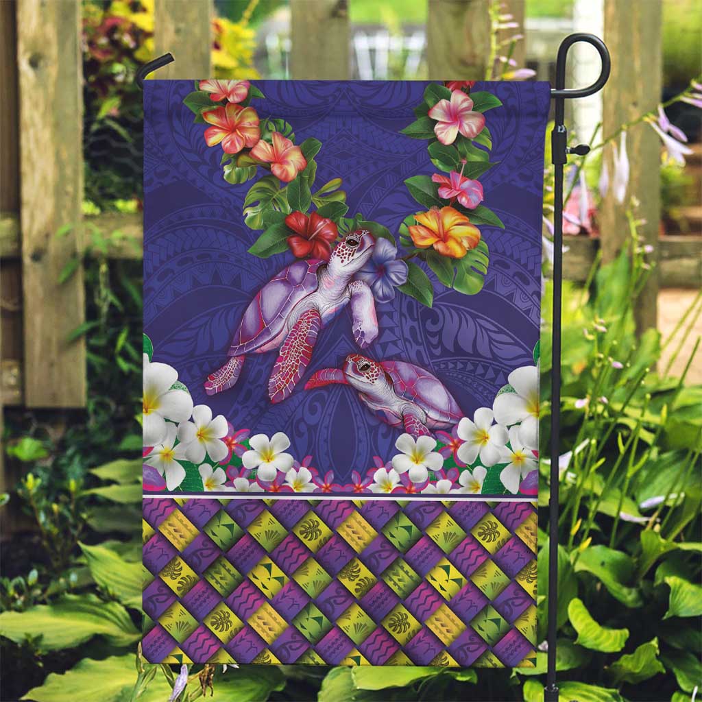 Hawaiian Lei Turtle and Plumeria Garden Flag Polynerian Art Tattoo-Navy Color