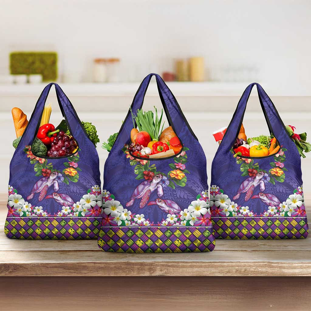 Hawaiian Lei Turtle and Plumeria Grocery Bag Polynerian Art Tattoo-Navy Color
