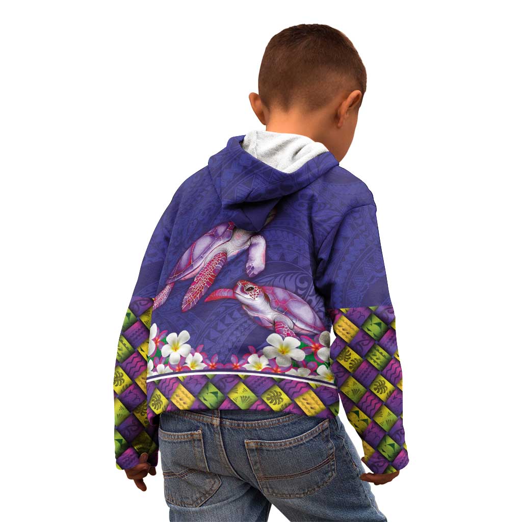 Hawaiian Lei Turtle and Plumeria Kid Hoodie Polynerian Art Tattoo-Navy Color