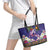 Hawaiian Lei Turtle and Plumeria Leather Tote Bag Polynerian Art Tattoo-Navy Color
