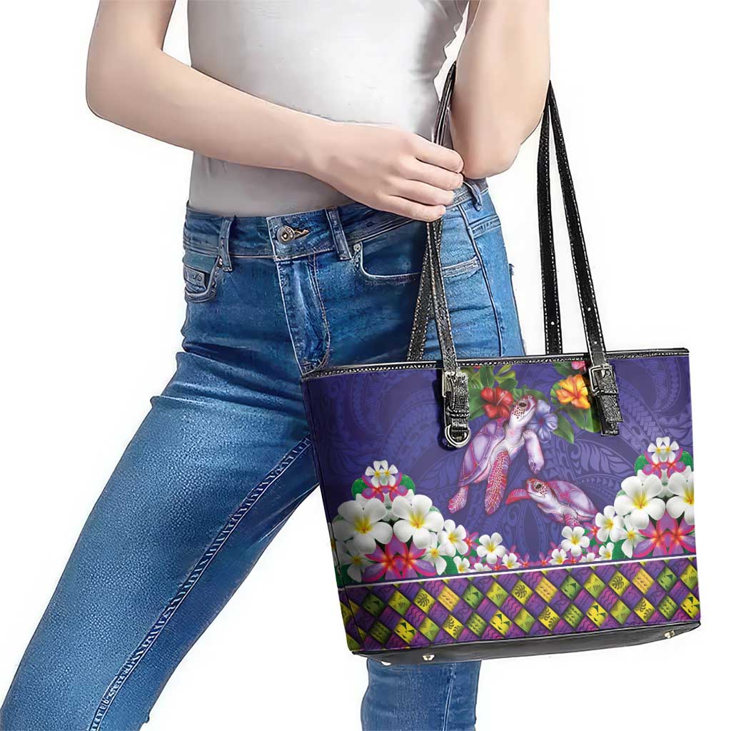 Hawaiian Lei Turtle and Plumeria Leather Tote Bag Polynerian Art Tattoo-Navy Color