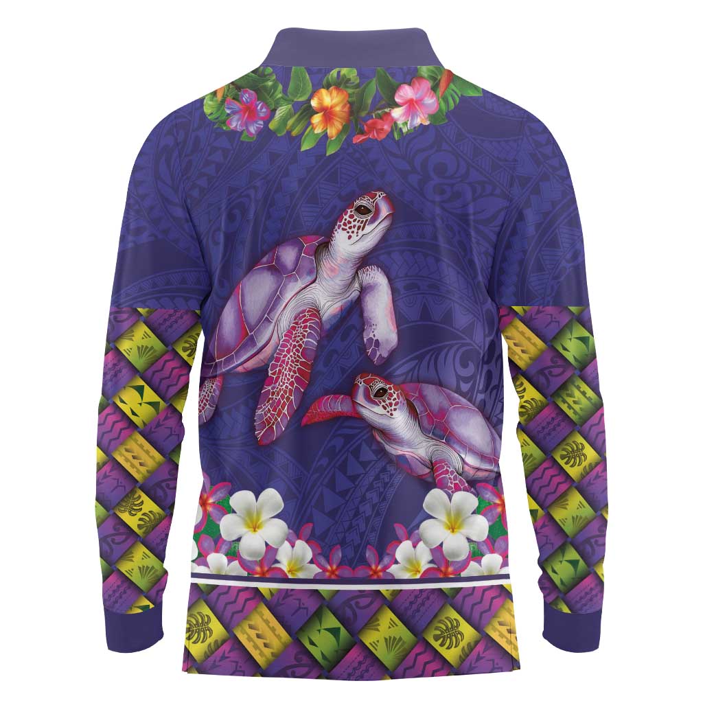 Hawaiian Lei Turtle and Plumeria Long Sleeve Polo Shirt Polynerian Art Tattoo-Navy Color