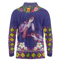 Hawaiian Lei Turtle and Plumeria Long Sleeve Polo Shirt Polynerian Art Tattoo-Navy Color
